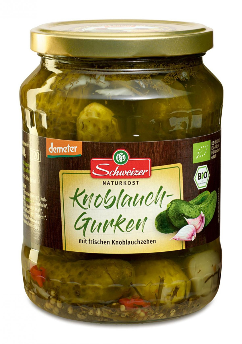 Schweizer Knoblauchgurken, 670 gr Glas (360 gr)
