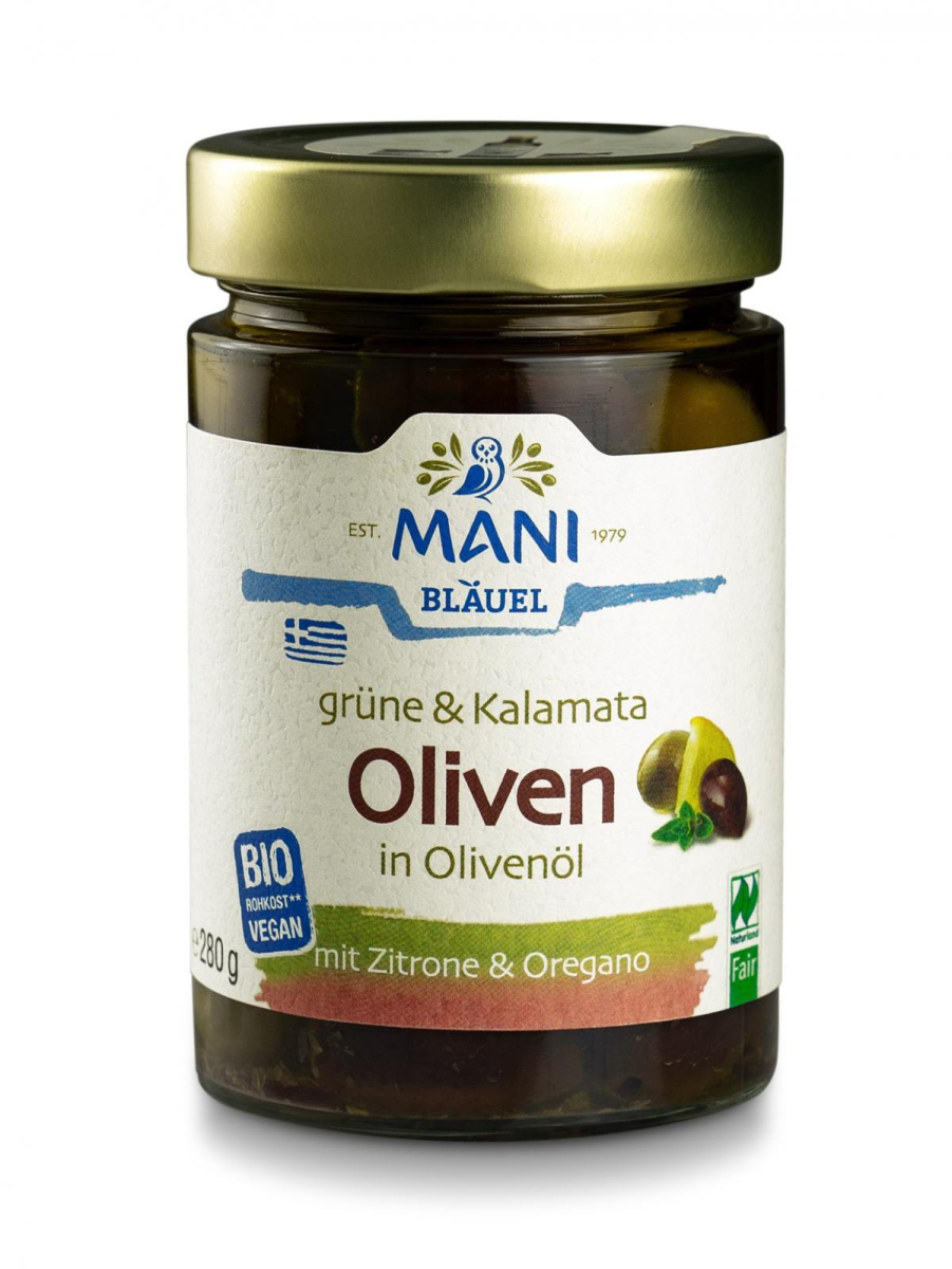 Mani Grüne & Kalamata Oliven, in Olivenöl mit Kräu