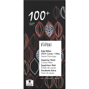Vivani Edel Bitter 100% Kakao + Nibs, 80 gr Stück