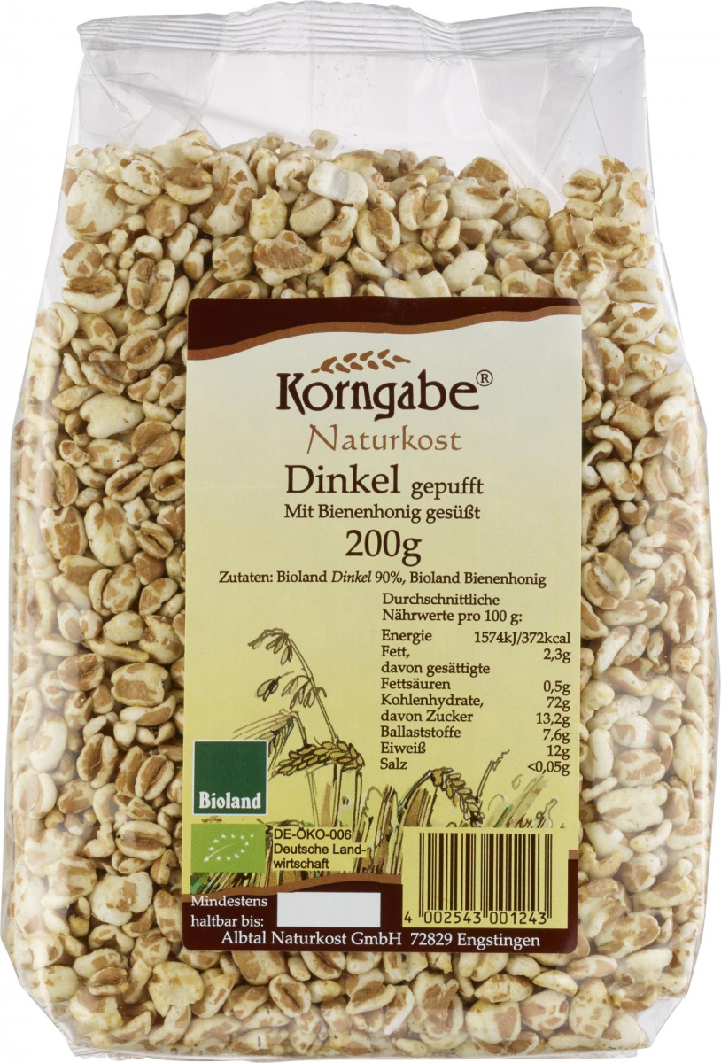 Korngabe Dinkel gepufft mit Honig, 200 gr Packung