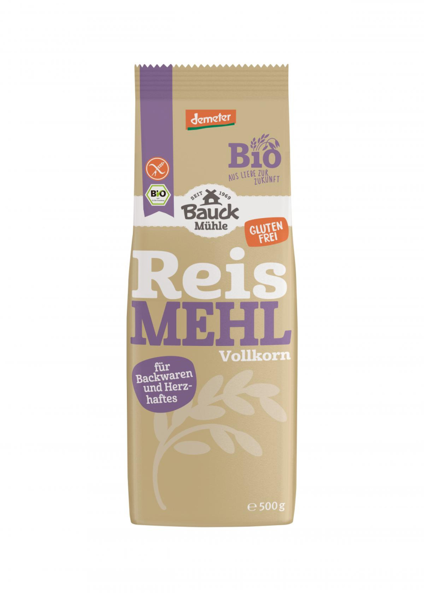 Bauck Hof Reismehl, Vollkorn, 500 gr Packung -glut