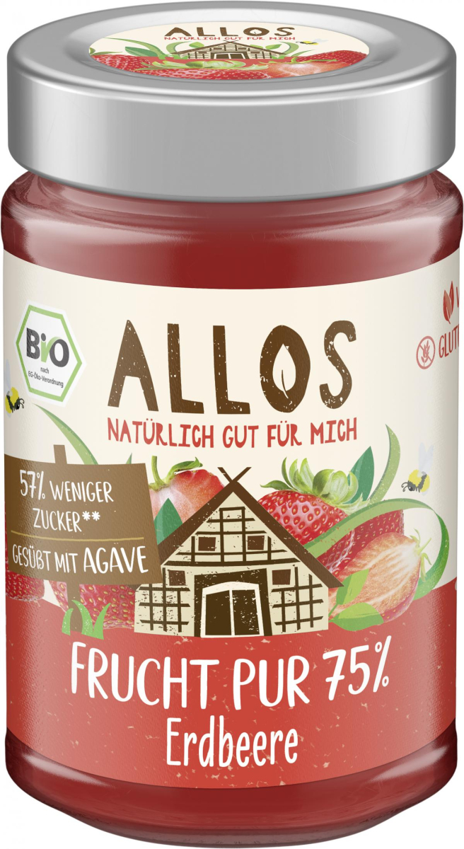 Allos Frucht Pur 75% Erdbeere, 200 g Glas