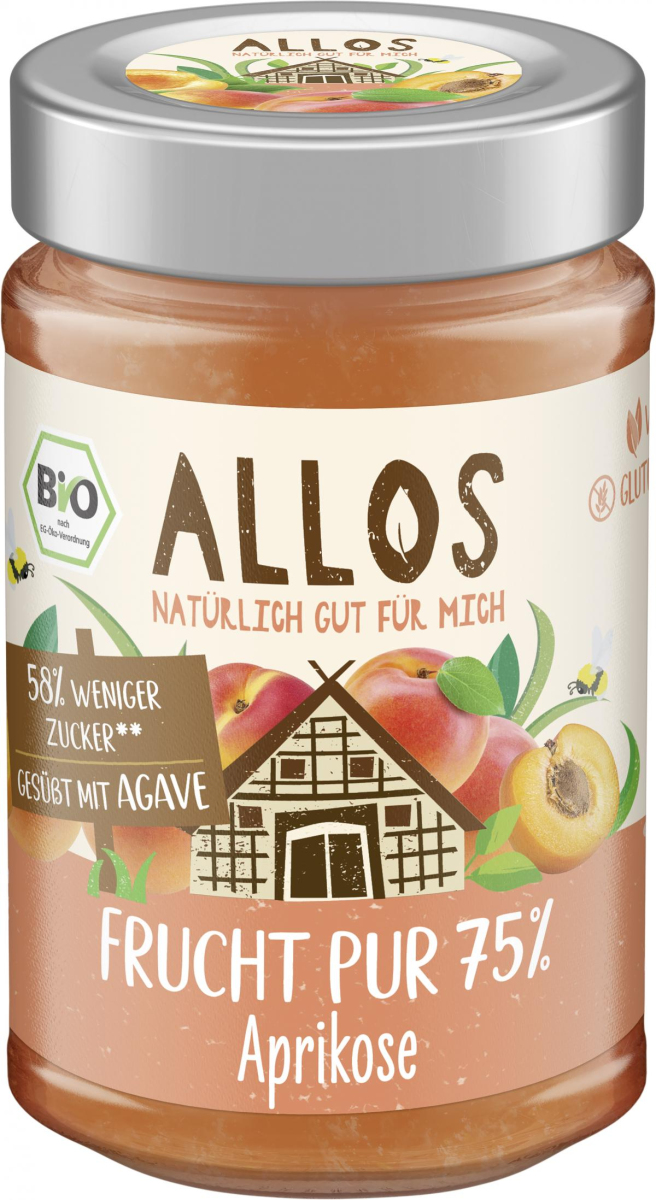 Allos Frucht Pur 75% Aprikose, 200 g Glas