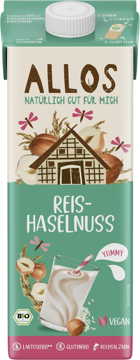 Allos Reis Haselnuss Drink ungesüßt, 1 ltr Packung