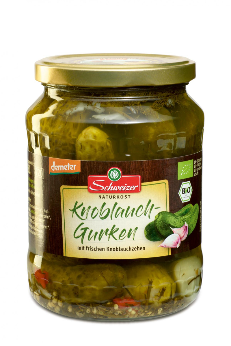 Schweizer Knoblauchgurken, 670 gr Glas (360 gr)