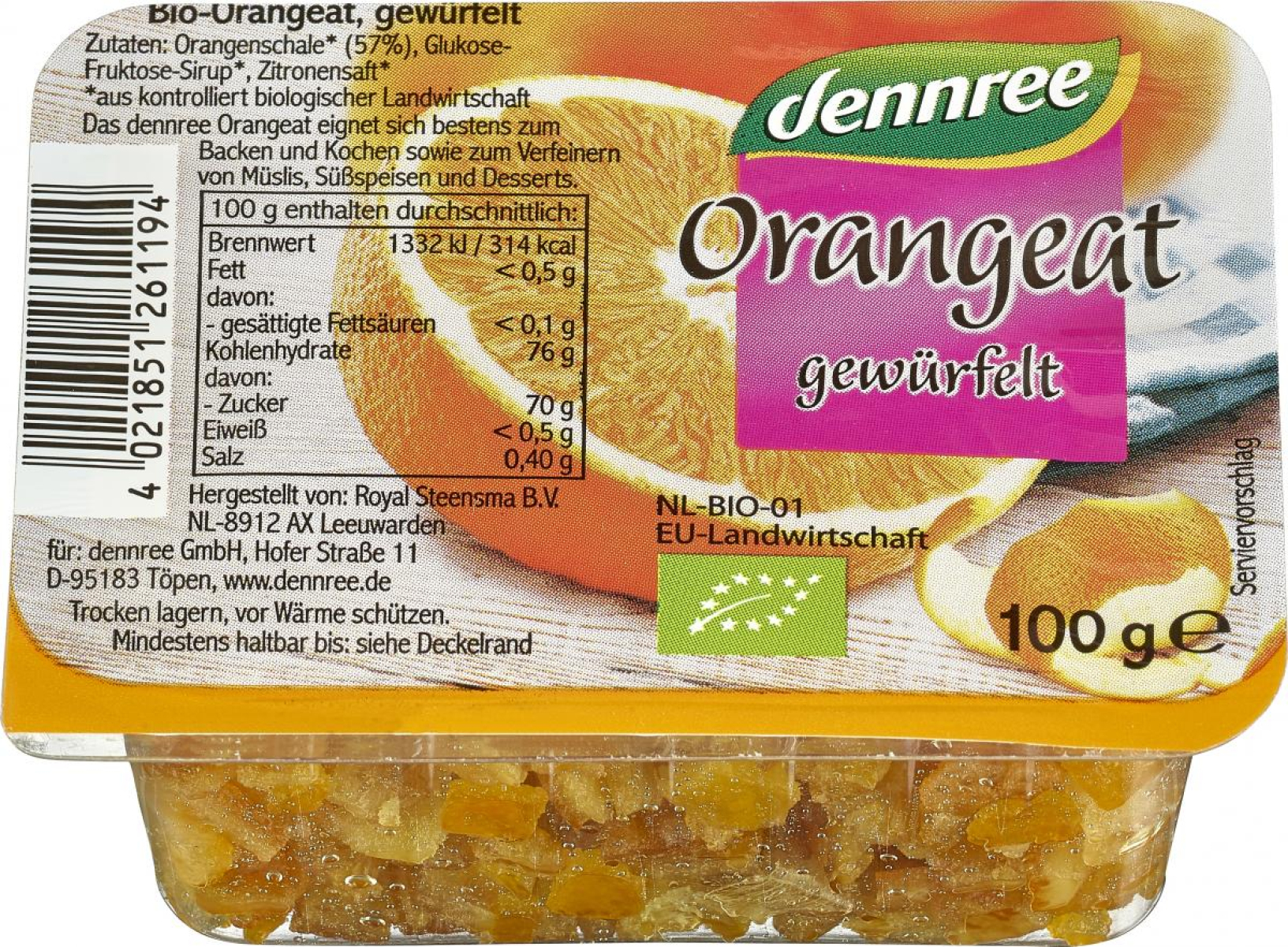 dennree Orangeat, 100 gr Packung