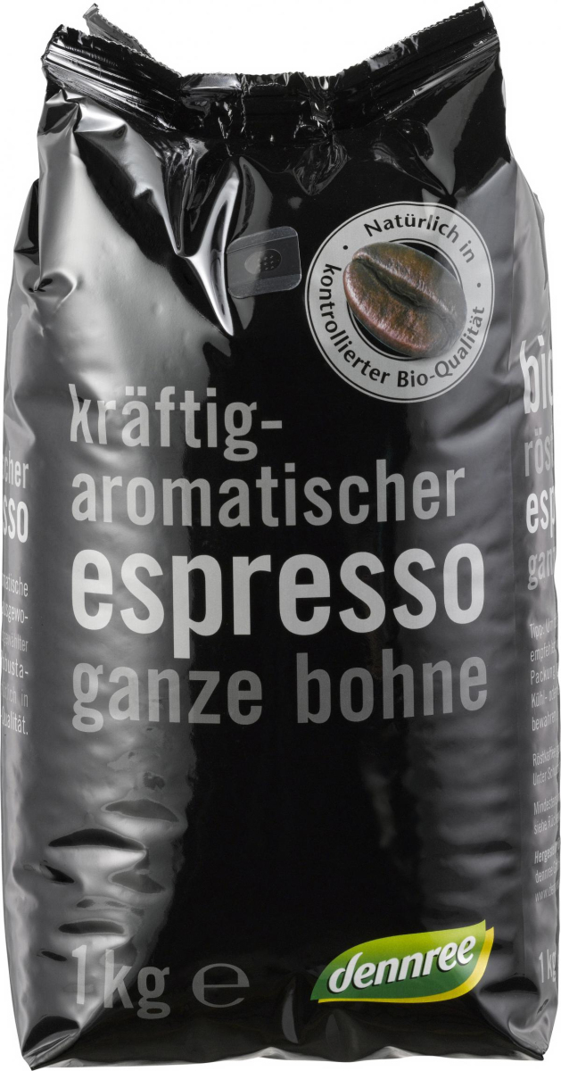 dennree Espresso, ganze Bohne, 1 kg Packung