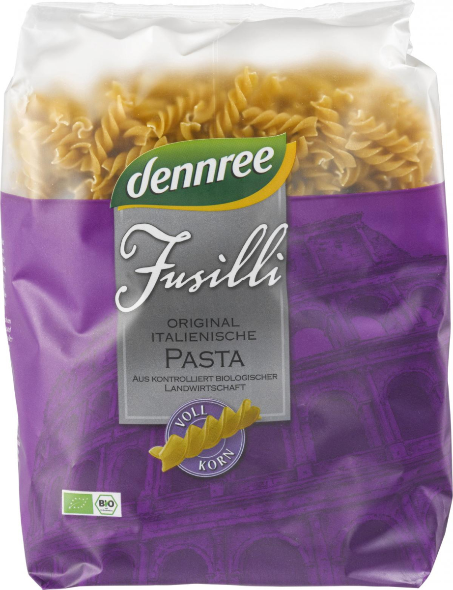 dennree Hartweizen-Fusilli, 1 kg Packung -Vollkorn