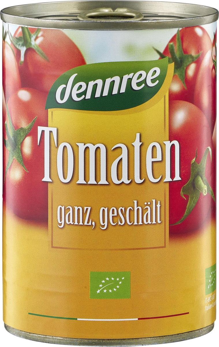dennree Tomaten ganz, geschält, in Tomatensaft, 40