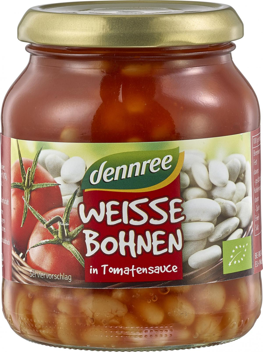 dennree Weiße Bohnen in Tomatensauce, 350 gr Glas