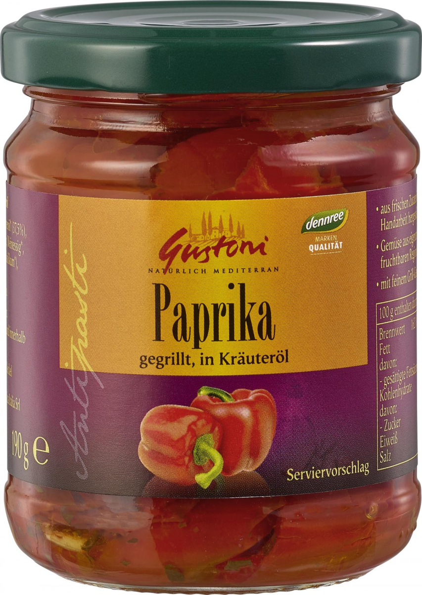 Gustoni gegrillte Paprika, in Kräuteröl, demeter,