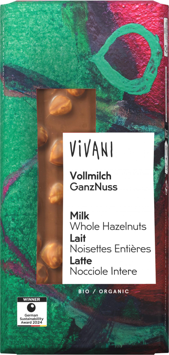 Vivani Vollmilch Ganznuss, 100 gr Stück