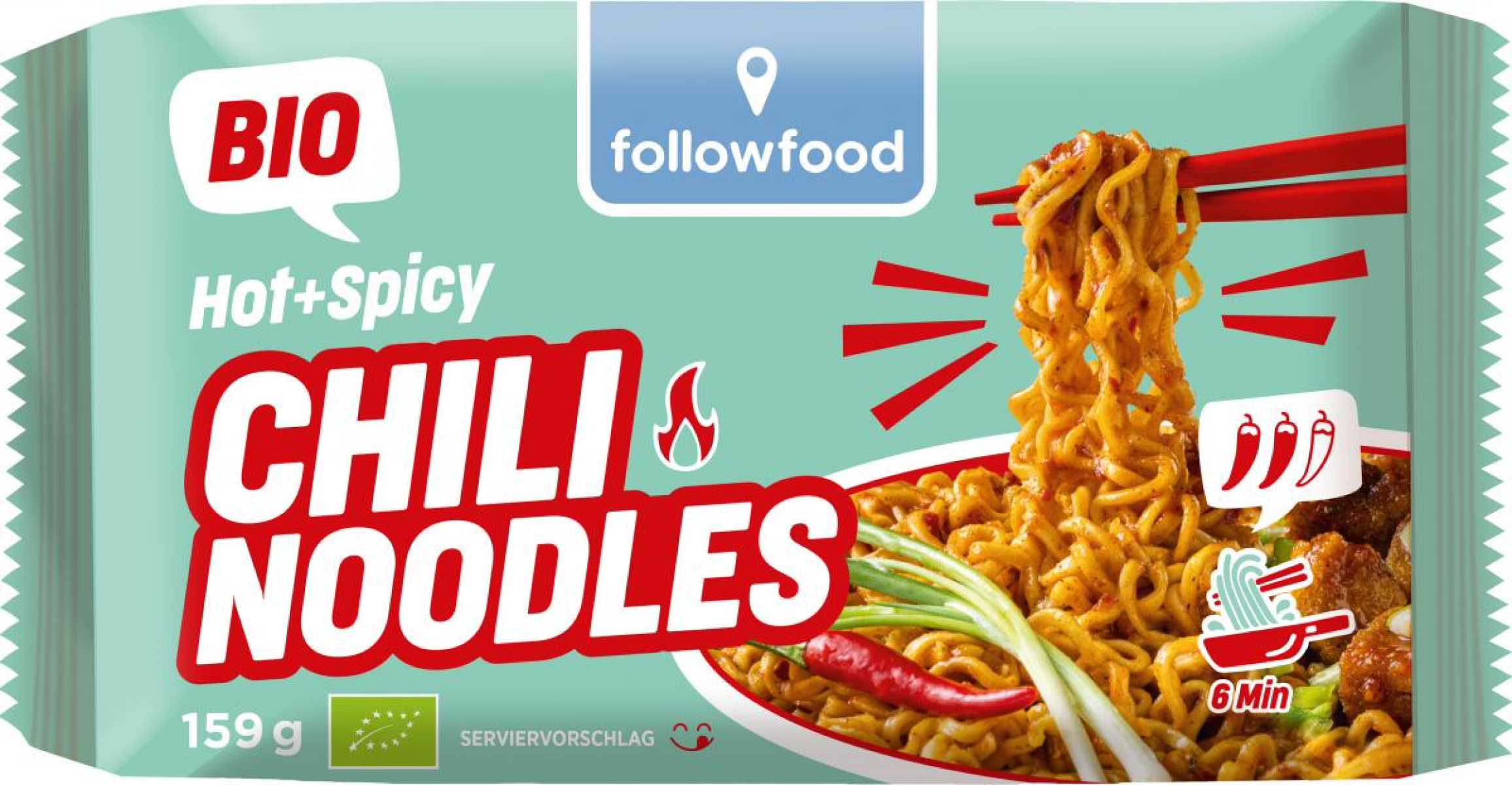 followfood Hot + Spicy Chili Noodles, 159 g Packun