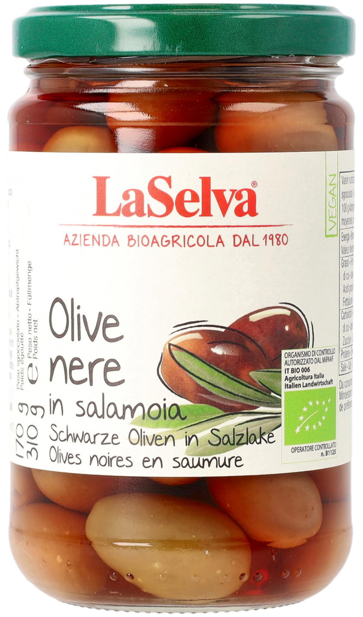 La Selva Schwarze Oliven, mit Stein, in Salzlake,